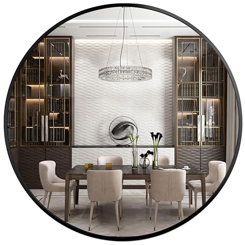 24" Round Mirror Bathroom Mirrors - Modern Black Circle Mirror with Brushed Metal Frame | Decorative Mirrors for Wall Decor | Hanging Mirror for Living Room, Bedroom, Entryway, Foyer