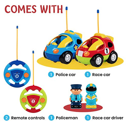 PREXTEX Toddler Remote Control Car, 2pk - Two Cartoon RC Cars: Police & Race Car - Toddler Toys - Gift Toys for 3+ Year Old Boys, 3 Year Old Boy Toys, Car Toys for 3 Year Old Boys