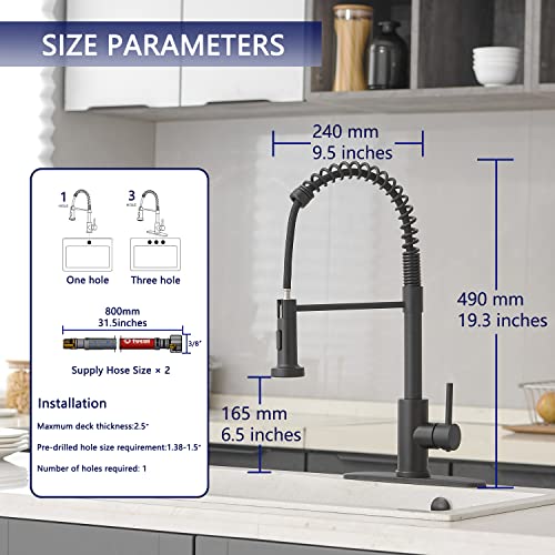 VOTON Kitchen Faucets with Pull Out Sprayer Commercial Spring Kitchen Sink Faucet Matte Black Single Handle Kitchen faucets with Deck Plate