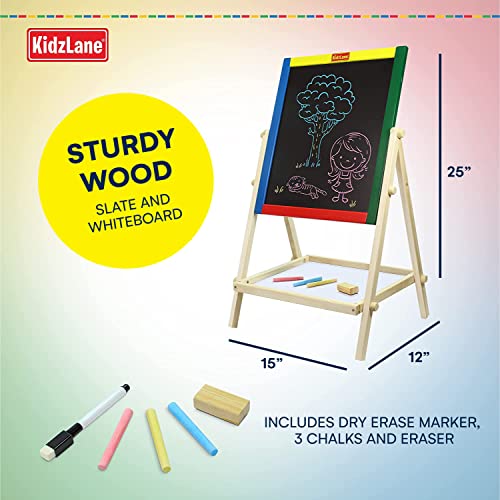 Kidzlane Art Easel for Kids | Wooden Toddler Easel | Double Sided Standing Chalkboard/Dry Erase Board for Kids | Toddler Drawing Board with Accessories | 25.75" Blackboard & Whiteboard for Kids