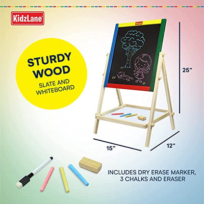 Kidzlane Art Easel for Kids | Wooden Toddler Easel | Double Sided Standing Chalkboard/Dry Erase Board for Kids | Toddler Drawing Board with Accessories | 25.75" Blackboard & Whiteboard for Kids