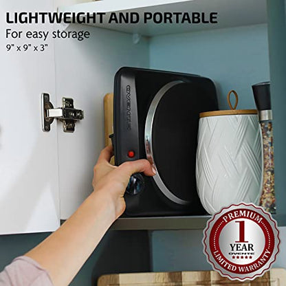 OVENTE Electric Countertop Single Burner, 1000W Cooktop with 7.25 Inch Cast Iron Hot Plate, 5 Level Temperature Controls, Compact Cooking Stove and Easy to Clean Stainless Steel Base, Black BGS101B