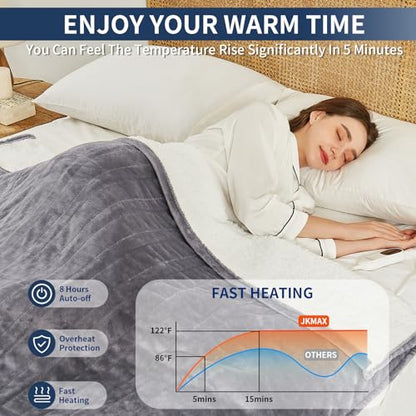 JKMAX Heated Blanket Electric Throw - 50"x60" Electric Heating Blanket 10 Heat Setting 5 Levels Auto-Off Heated Throw Blanket Overheat Protection Soft Flannel Sherpa Electric Blanket ETL Certified