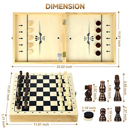 BremToy 4 in 1 Chess Sets-Wooden Chess & Checkers Set, Sling Puck and Nine Men's Morris Board Games for Kids Adult, Foldable & Portable Chess Board Set for Travel (12x12inch)
