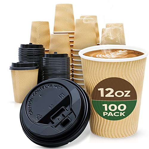 Tobvory Disposable Coffee Cups With Lids, 100 Pack Coffee Cups With Lids 12 Oz, Paper Cups For Hot Drinks, Eco-Friendly Triple Wall Insulated To Go Coffee Cups