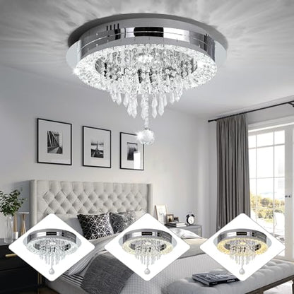Sunny Hawaii Elegant Bead Crystal Chandelier, 16in Modern Led Indoor Ceiling Lamp, Flush Mount Ceiling Light Fixture for Kitchen Bathroom Bedroom Dining Room.