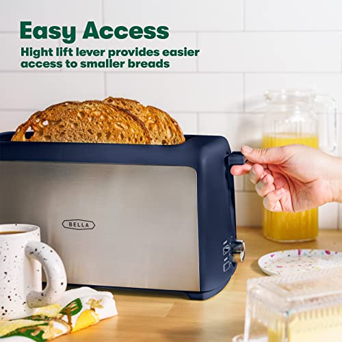BELLA 4 Slice Toaster, Long Slot & Removable Crumb Tray, 7 Shading Options with Auto Shut Off, Cancel & Reheat Button, Toast Bread & Bagel, Stainless Steel & Blue