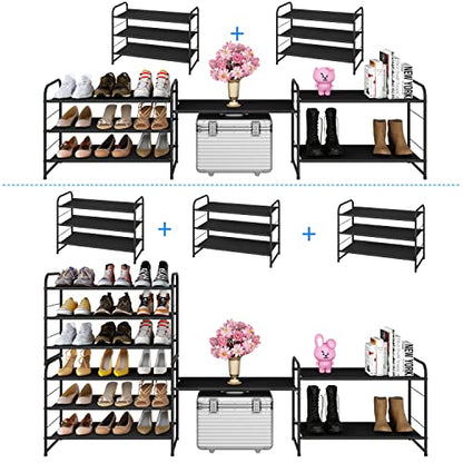 Simple Trending 6-Tier Stackable Shoe Rack, Expandable & Adjustable Fabric Shoe Shelf Storage Organizer, Black