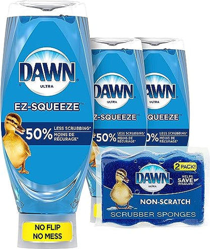 Dawn Dish Soap Squeeze Bottle, EZ-Squeeze Dawn Dishwashing Liquid, Dawn Dish Soap Liquid, Dish Washing Liquid + Non-Scratch Sponges for Dishes, Original, Includes 3x22oz Bottles + 2 Sponges