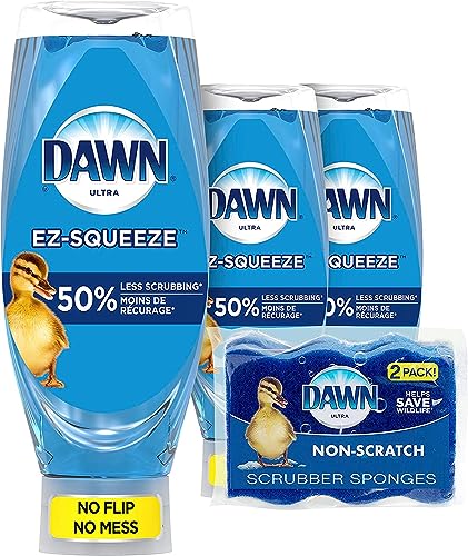 Dawn Dish Soap Squeeze Bottle, EZ-Squeeze Dawn Dishwashing Liquid, Dawn Dish Soap Liquid, Dish Washing Liquid + Non-Scratch Sponges for Dishes, Original, Includes 3x22oz Bottles + 2 Sponges