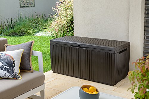 Keter Springwood 80 Gallon Resin Outdoor Storage Box for Patio Furniture Cushions, Pool Toys, and Garden Tools with Handles, Brown