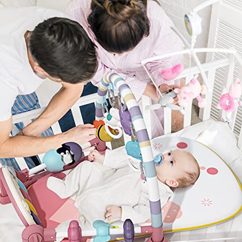 Jovow Baby Gym with Kick and Play Piano,Baby Play Mat Tummy Time Baby Activity Gym Mat with 5 Infant Learning Sensory for Baby, Music and Lights Boy or Girl Gifts for Newborn（Pink）
