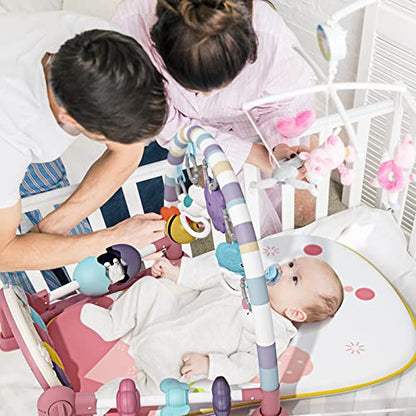 Jovow Baby Gym with Kick and Play Piano,Baby Play Mat Tummy Time Baby Activity Gym Mat with 5 Infant Learning Sensory for Baby, Music and Lights Boy or Girl Gifts for Newborn（Pink）