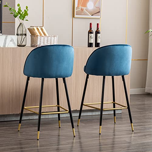 Guyou 30Inch Blue Velvet Bar Stools Set of 4 with Tufted Round Back, Modern Upholstered Kitchen Island High Chairs Barstools with Gold Footrest for Dining Room Kitchen Home Party