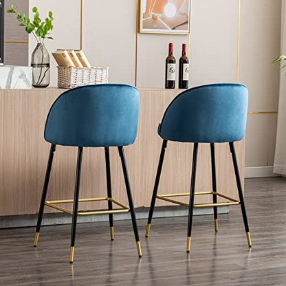 Guyou 30Inch Blue Velvet Bar Stools Set of 4 with Tufted Round Back, Modern Upholstered Kitchen Island High Chairs Barstools with Gold Footrest for Dining Room Kitchen Home Party