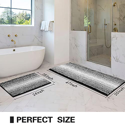 BSICPRO Bathroom Rugs and Mats Sets, 2 Piece Thick Absorbent Chenille Bath Mat Rug Set Non Slip, Soft Shaggy Bath Room Floor Mats for Bathroom, Machine Washable (20" x 47" Plus 16" x 24", Black)
