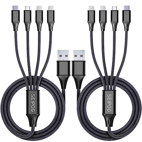 SEIPOG 4 in1 Multi Charger Cable Nylon Braided, 3A 4FT Universal Chargers for All Devices with Type-C/Micro USB Port, USB Charging Cable for All Cell Phones and More (Black, 2Pack)