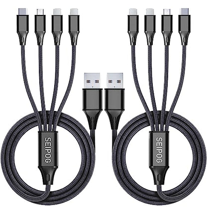 SEIPOG 4 in1 Multi Charger Cable Nylon Braided, 3A 4FT Universal Chargers for All Devices with Type-C/Micro USB Port, USB Charging Cable for All Cell Phones and More (Black, 2Pack)
