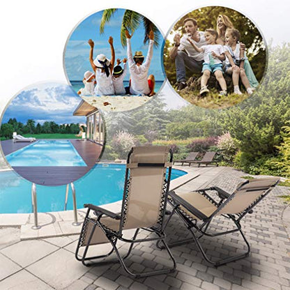 FDW Set of 2 Zero Gravity Chairs Lounge Patio Chairs Outdoor Yard Beach Garden(Tan)