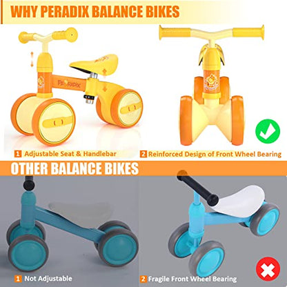Peradix Baby Balance Bikes Adjustable for 1 Year Old Toddlers| Riding Toys for 10 Months Old Children Boys Girls | No Pedal Silent Wheels Infant Toddler Bicycle | Best First Birthday Gift (Yellow)