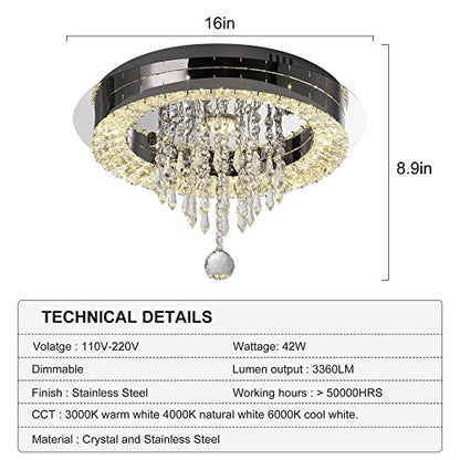 Sunny Hawaii Elegant Bead Crystal Chandelier, 16in Modern Led Indoor Ceiling Lamp, Flush Mount Ceiling Light Fixture for Kitchen Bathroom Bedroom Dining Room.
