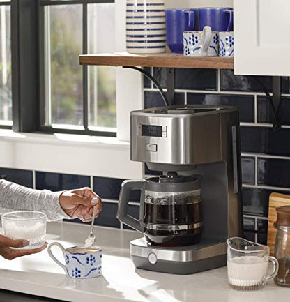GE Drip Coffee Maker With Timer | 12-Cup Glass Carafe Coffee Pot With Warming Plate | Adjustable Brew Strength | Wide Shower Head for Maximum Flavor | Kitchen Essentials | Stainless Steel