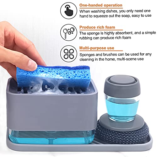 4 in 1 Dish Soap Dispenser and Sponge Holder Set for Kitchen Sink with Soap Dispensing Dish Brush, Sink Tray, Scrub Sponge, Brush Head