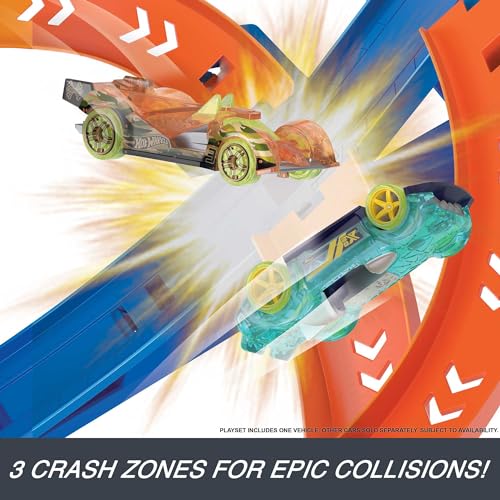 Hot Wheels Toy Car Track Set Spiral Speed Crash, Powered by Motorized Booster, 29-in Tall Track with 1:64 Scale Car