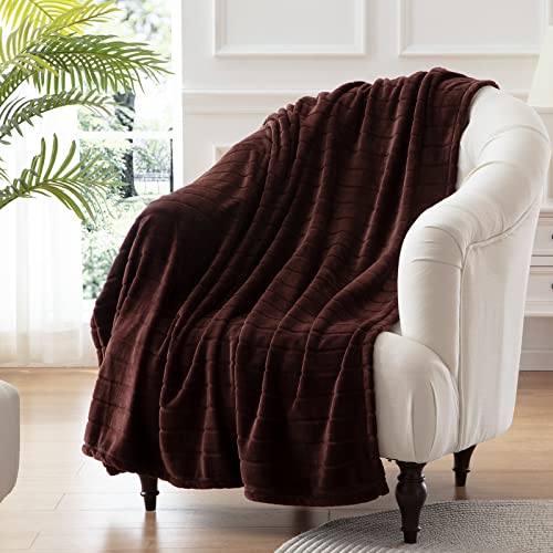 Bertte Plush Throw Blanket Super Soft Fuzzy Warm Blanket | 330 GSM Lightweight Fluffy Cozy Luxury Decorative Stripe Blanket for Bed Couch - 50"x 60", Brown