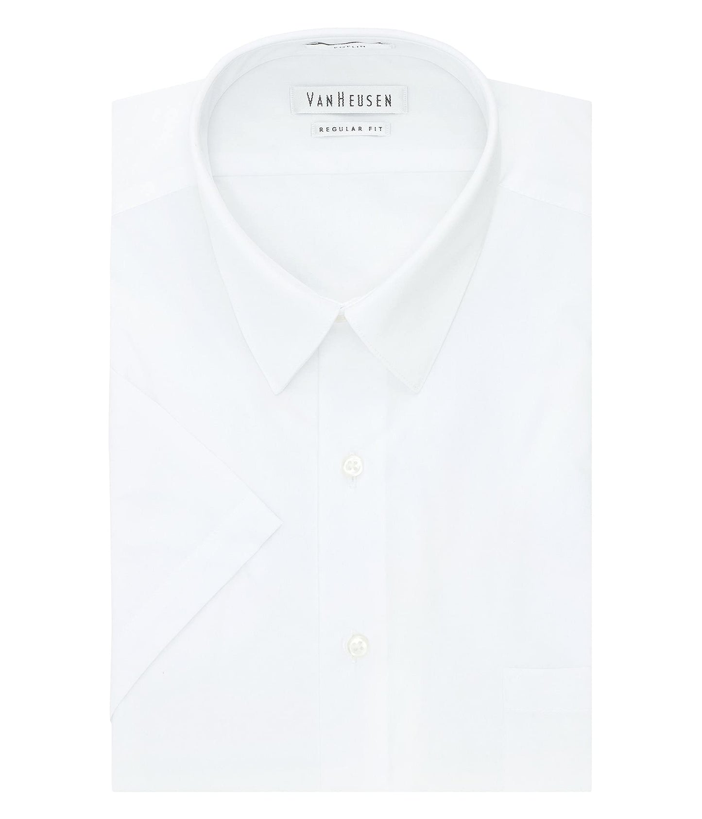 Van Heusen Men's Short Sleeve Dress Shirt Regular Fit Poplin Solid, White, 15.5" Neck
