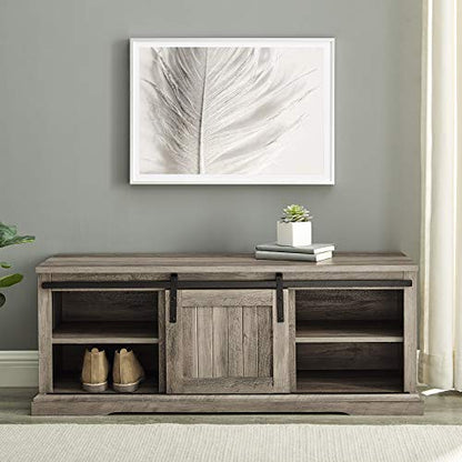Walker Edison Farmhouse Sliding Grooved Door Entryway Bench Shoe Storage Shelf Hallway Organizer, 48 Inch, Grey Wash