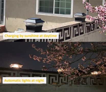 ONLSITY 25 Lumen Solar Post Cap Lights fit True 4"x4" & 5.5"x5.5" Post, High Brightness Filament LED, 3000K Warm White, Solar Powered Fence Deck Post Cap Lamp, Waterproof, Black, 4 PK