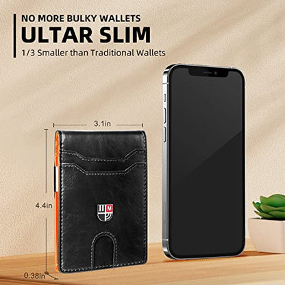 Slim Minimalist Front Pocket Rfid Blocking Leather Wallet |Front Pocket Wallets For Men Slim Minimalist | Thin Mens Bifold Wallet with Money Clip | 12 Card Holders Slots with ID Window | Gift Choice