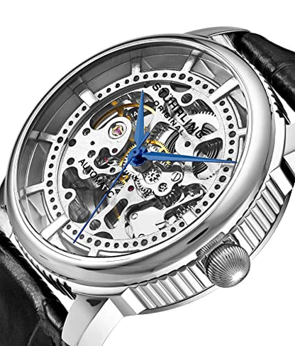 Stuhrling Original Mens Automatic Watch Skeleton Stainless Steel Self Winding Dress Watch with Premium Leather Band Legacy Collection (Silver)