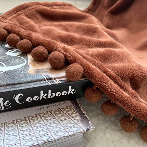 LOMAO Flannel Blanket with Pompom Fringe Lightweight Cozy Bed Blanket Soft Throw Blanket fit Couch Sofa Suitable for All Season (Brown, 51''x 63'')