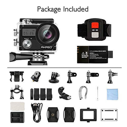 AKASO Brave 4 4K 20MP WiFi Action Camera Ultra HD with EIS 30m Waterproof Camera Remote Control 5X Zoom Underwater Camcorder with 2 Batteries and Helmet Accessories Kit Support External Microphone