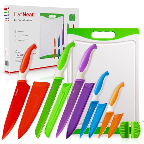 EatNeat 12-Piece Knife Set: Stainless Steel, Protective Sheaths, Cutting Board, and Sharpener - Kitchen & Camping Essentials