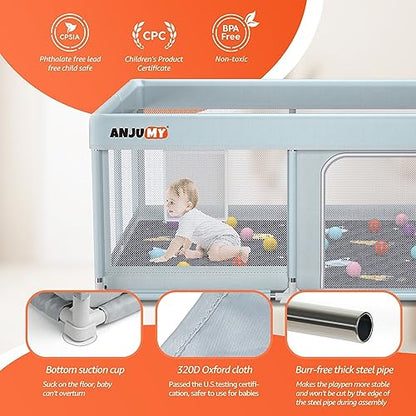 ANJUMY Baby Playpen with Mat Included 50x50 playpen for Babies and Toddlers,Indoor & Outdoor Activity Center,Kids Playpen with Gate,Safety Baby Fence Play Area with 50pcs Ocean Balls,Breathable Mesh