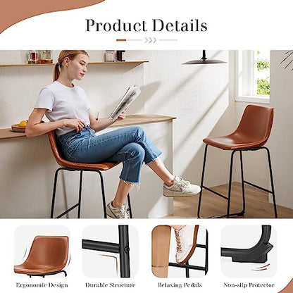 Sweetcrispy Dining Chairs Set of 2，Kitchen & Dining Room Chairs, PU Leather Cushion and Metal Legs Bar Chairs, Counter Height Bar Stools for Kitchen Island