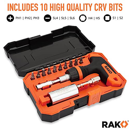 RAK Universal Socket Tool - Christmas Gifts for Men - Set of 15 with 1/4-to-3/4-inch Wrench Grip, T-Handle Ratchet Driver and 10 Screwdriver Bits - Stocking Stuffer Gifts for men, Husband, Handyman
