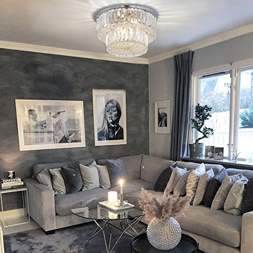 Berliget Chrome Crystal Flush Mount Chandelier, Modern Round Crystal Ceiling Light Fixture, Bling Silver Raindrop Ceiling Lamp for Closet Bedroom Living Room Dining Room, 2 Tier 6 Llight H10 x D16