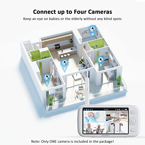 NexiGo Video Baby Monitor with Camera and Audio, 5 Inch Split IPS Screen, Support Up to 4 Cameras, 2-Way Audio, Pan-Tilt-Zoom, 4800mAh Battery, Temperature Detection, Night Vision, Lullaby (White)