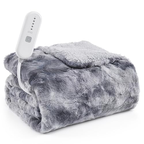 Longering Heated Blanket Throw Electric Blanket: 50"x60" Heating Blanket with 5 Fast Heating Levels 4 Hours Auto Off - Super Cozy Soft Faux Fur Sherpa Heated Blankets for Bed - ETL Certified（Grey）