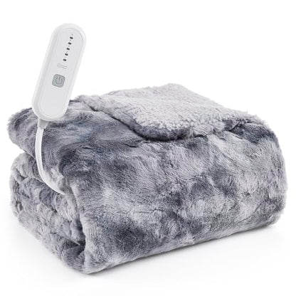 Longering Heated Blanket Throw Electric Blanket: 50"x60" Heating Blanket with 5 Fast Heating Levels 4 Hours Auto Off - Super Cozy Soft Faux Fur Sherpa Heated Blankets for Bed - ETL Certified（Grey）