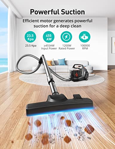 Aspiron Canister Vacuum Cleaner, 1200W Lightweight Bagless Vacuum Cleaner, 3.7QT Capacity, Automatic Cord Rewind, 5 Tools, HEPA Filter, Pet Friendly Vacuum Cleaner for Hard Floors, Pet Hair, Carpet