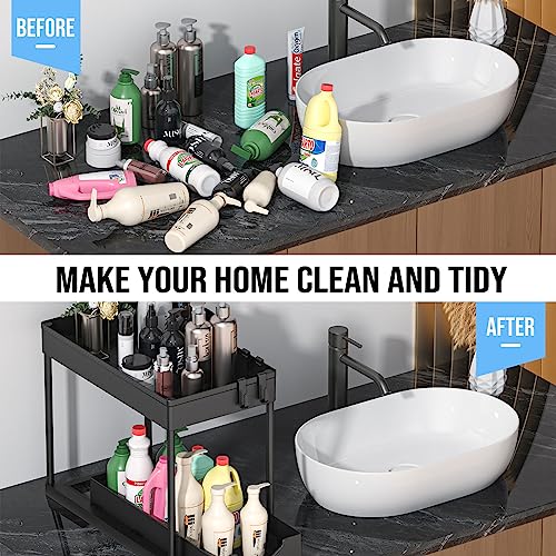 2 Pack Under Sink Organizer, 2 Tier Under Bathroom Cabinet Organizer 6 Hooks 1 Cup, Pull Out Cabinet Basket Organizer for Under the Kitchen Bathroom Sink Organizers and Storage