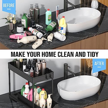 2 Pack Under Sink Organizer, 2 Tier Under Bathroom Cabinet Organizer 6 Hooks 1 Cup, Pull Out Cabinet Basket Organizer for Under the Kitchen Bathroom Sink Organizers and Storage