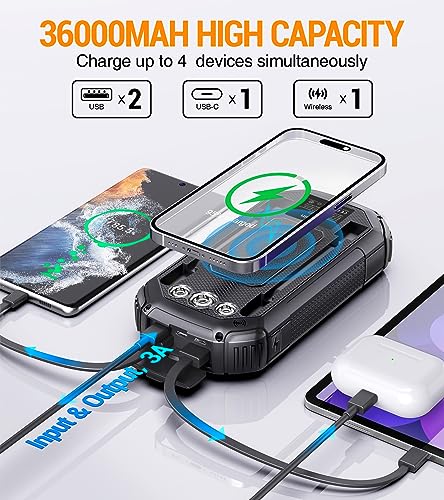 Solar Power Bank 36000mAh,Solar Charger Wireless Built in 3 Cables IPX5 Waterproof Portable Solar External Battery Pack with 3 Input 4 Output 15W USB C Port Camping Flashlight iPhone Samsung Tablet