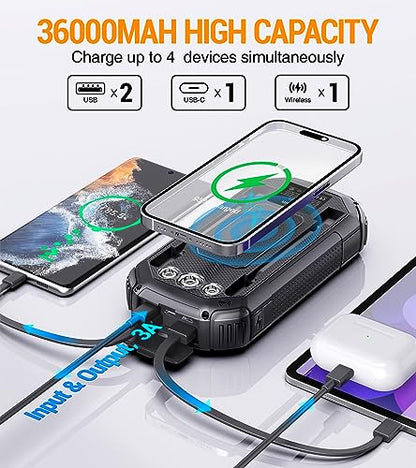 Solar Power Bank 36000mAh,Solar Charger Wireless Built in 3 Cables IPX5 Waterproof Portable Solar External Battery Pack with 3 Input 4 Output 15W USB C Port Camping Flashlight iPhone Samsung Tablet