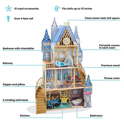 KidKraft Disney® Princess Cinderella Royal Dream Wooden Castle Dollhouse, Over 4 Feet Tall with 12 Pieces, Blue, Gift for Ages 3+
